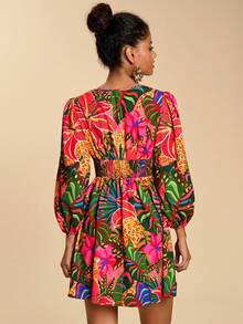 Travachic 女士V领七分袖印花迷你连衣裙，度假/休闲服饰，春夏款 - 彩色 - 查看 2