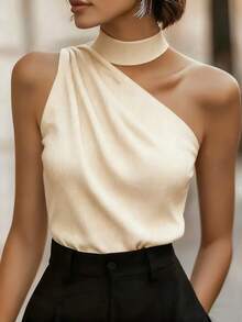 Franclia Women's Elegant Asymmetric Neckline Sleeveless Tank Top, Solid Color Ribbed Top - Apricot - View 2