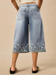 Easelle 女士宽松做旧刺绣时尚休闲牛仔裤，夏季 - 藍色 - 查看 2