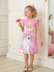 SHEIN Đầm cổ tròn tay bồng cho bé gái, dáng chữ A rộng rãi, thoải mái và năng động, tông hồng nhạt kết hợp họa tiết hoạt hình, đúng gu của các bé gái, chất liệu mềm mại và thân thiện với da, phù hợp cho mặc hàng ngày hoặc đi chơi thường ngày. - Hồng - Xem 4