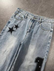 ROMWE MEN Street Life Herrjeans med tryck och tvättade fickor - Blå - Visa 4