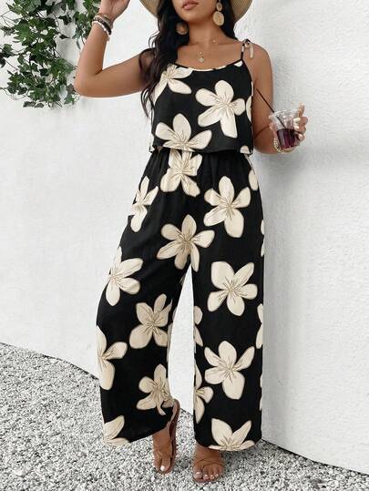 SHEIN Frenchy 大码休闲碎花连体裤，度假装