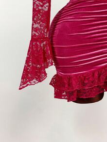 Amplova 圣诞风深V收腰修身迷你连衣裙 - 玫紅色 - 查看 6