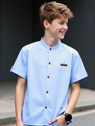 Teenage Boys' Casual Stand Collar Woven Shirt, Suitable For Summer, School Occasions: Daily Classes, Club Activities, Outdoor Light Sports, Simple Silhouette Easy To Match