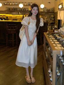 DAZY Women's Round Neck Textured Korean-Style Midi Party Dress - White - View 7