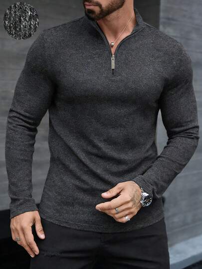 Manfinity CasualCool Men's Casual Everyday Commute Simple Solid Color Half-Zip Stand Collar Long Sleeve T-Shirt, Spring/Autumn Men Sweater Top Men Turtleneck Shirts Men's Quarter Zip Mock Neck Men Old Money,Daily Leisure, Weekend Trips, Outdoor Activities, Travel Expeditions, Relaxed Work Environments Or Semi-Formal Occasions, Boyfriend/Husband Gift, Anniversary /Birthday Gift Party Christmas New Years