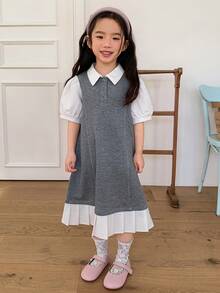 DAZY Young Girl' Collared Color Block Ruffle Trim Casual Patchwork Korean Style Puff Sleeve Dress - Grey - View 6