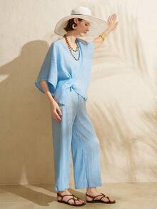 Airaco Set de 2 piezas con top texturizado con pliegues retorcidos y pantalones de pierna ancha - Azul - Ver 5