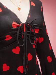 SHEIN ICON 大码女式心形图案V领喇叭袖前系带连衣裙 - 彩色 - 查看 7