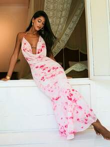 Opulessa Women's Fashion Sexy Tie-Dye Print Plunging Neck Backless Dress,Spring To Summer, Valentine's Day, Carnival Costume, Elegant Dresses For Party, Beach Outfit, Wedding Guest Dresses, Summer Vacation Outfits,  Floral Dress - Pink - View 1