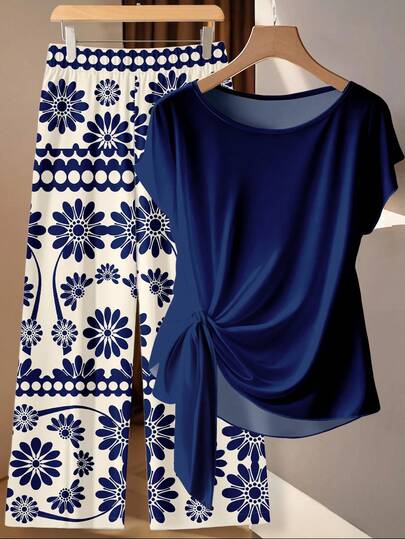 SHEIN Clasi Conjunto de 2 piezas de blusa con lazo y pantalones de pierna recta para mujer