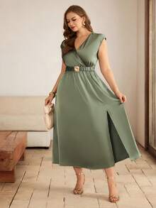 Roveilla 大码女式缎面V领蝙蝠袖腰带金属扣装饰A字型长连衣裙，优雅法式复古百搭休闲连衣裙，适合通勤、商务、度假、春夏穿着 - 綠色 - 查看 5