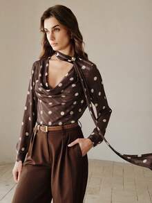 Áo kiểu nữ Anewsta thanh lịch cổ buộc dây, chất liệu satin mềm mại, màu nâu chấm bi cổ điển, tay dài, thích hợp cho mùa xuân/hè. - màu nâu - Xem 2