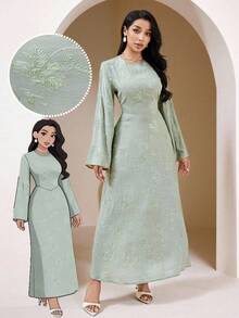 Veilorie Women's Embroidered Round Neck Elegant Long Sleeve Arabic Dress - Green - View 1