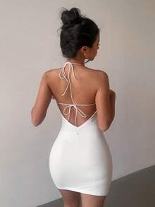 Aloruh Women's Fashionable Sexy Halter Backless Mini Dress, Summer - White - View 2