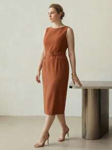 MOTF PREMIUM PLUS ELEGANT BOAT NECK SLEEVELESS STRAIGHT MIDI DRESS - Brown - View 5