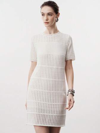 Aalyst Women's Spring/Summer New Hollow Out Fitted Short Knit Dress, Elegant High-End Lady Style Round Neck Short Sleeve