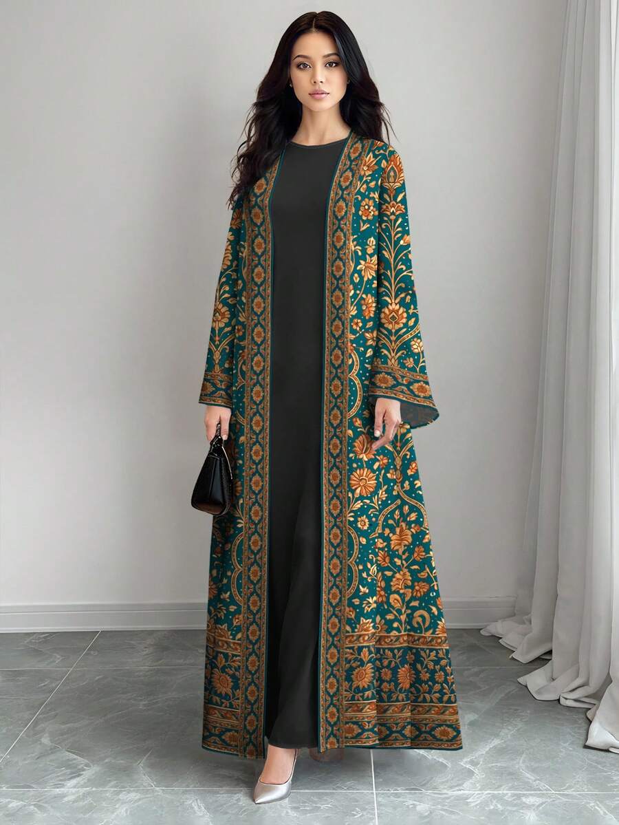 SHEIN Najma Women's Floral Digital Print Pop Art Style Long Sleeve Casual Arabic Abaya Cardigan Outerwear, Spring/Autumn - Multicolor - View 1