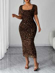 Elenzga Plus Size Leopard Print Short Sleeve Bodycon Dress, Slimming Fit, Versatile For Daily Wear, Spring/Summer - Multicolor - View 5