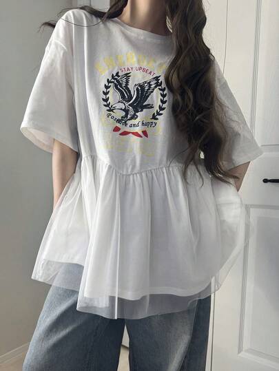 FRIFUL Damt-t-shirt med rund hals, lös passform, stort grafiskt tryck, volangkant och meshpaneldekoration, lämplig för vår till sommar