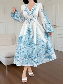 DAZY 女士优雅碎花V领泡泡袖系带中长连衣裙，春夏婚礼宾客礼服/吊带裙 - 藍色 - 查看 4