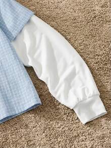 SWAVVY Men's Letter Embroidery Plaid Patchwork 2 In 1 Shirt Light Blue And White Shirt Cropped Graphic Shirt - Blue - View 3