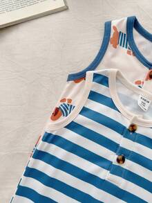 Vintaside Kids Baby Boys Cute Sleeveless Round Neck Short Romper Set With Striped And Dog Print Contrast Piping - Multicolor - View 3