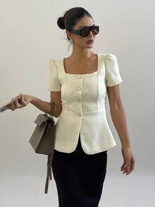 DAZY 女士泡泡袖收腰纯色方领纽扣短袖衬衫夏季 - 白色 - 查看 3