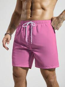 Manfinity KASUA Pantalones cortos de playa para hombre de unicolor con cintura de cordón y bolsillos inclinados, verano, vacaciones - Rosado Sandía - Ver 4