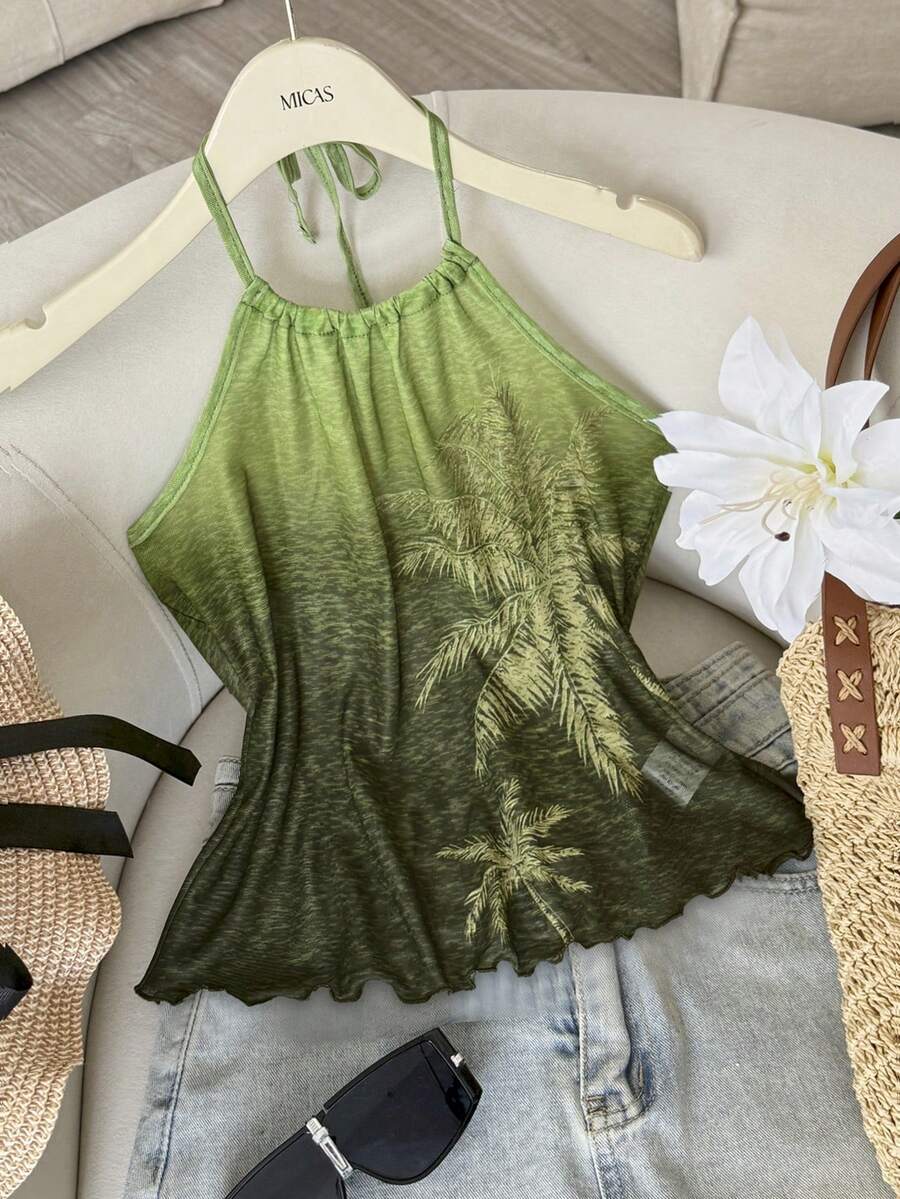 INAWLY Plant Print Backless Spaghetti Strap Camisole - Green - View 1