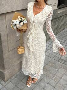 Livesso Lace Ruffle Waist Midi Dress For Women