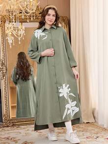 Teens/Teen Girl Casual Vacation V-Neck Button-Up Loose Dropped Shoulder Large Floral Lily Print Turnover Mid-Sleeve Maxi Woven Dress, Gray-Green - Green - View 8