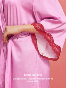 LUVLETTE 女士性感丝滑缎面奢华蕾丝边粉色系带透气家居服睡袍情人节礼物