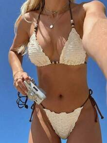 Swim Mod 女士休闲度假沙滩特制面料比基尼两件套泳衣 - 杏色 - 查看 1