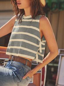 WESTFADE Áo tank top dệt kim ngắn tay cổ tròn kẻ sọc mùa hè, thắt nơ hai bên, thích hợp cho kỳ nghỉ hè ngày Quốc khánh 4 tháng 7 ở bãi biển. - Xám - Xem 6