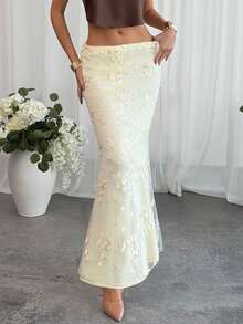 Aloruh 优雅浪漫刺绣网纱拼接半身裙，适合婚礼、约会、情人节等场合，低腰刺绣鱼尾长裙，优雅假日裙 - 杏色 - 查看 5