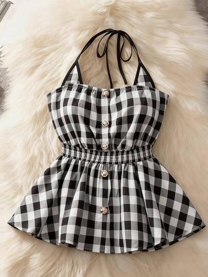 GlowEve CURVE Plus Size Women Plaid Elegant Casual Gold Button Decor Spaghetti Strap Camisole Top