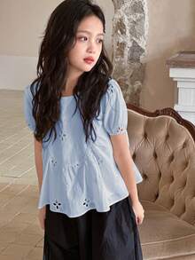 Dazy Kids Plus Size Girls' Cotton Embroidered Hollow Puff Sleeve Peter Pan Collar Shirt