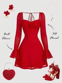 SHEIN MOD 红色花卉刺绣喇叭袖方领迷你连衣裙 - 紅色 - 查看 2