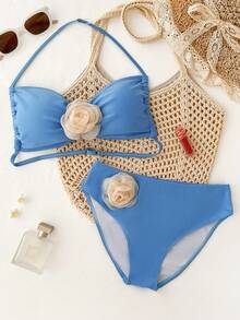 Teen Girls Vacation Style Blue Halter Bikini Set With 3D Rose Accents And Mid Waist Bottom - Blue - View 2