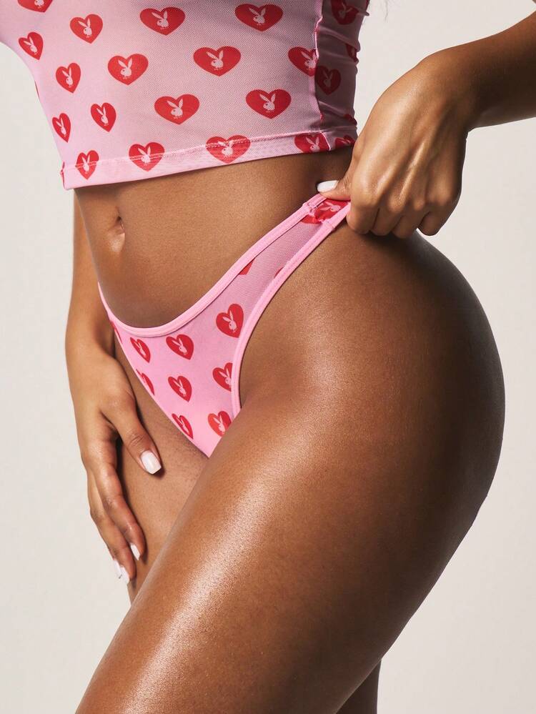 Missguided x Playboy Heart Print Mesh Thong Underwear With Bunny Pattern Valentine Lingerie Intimate