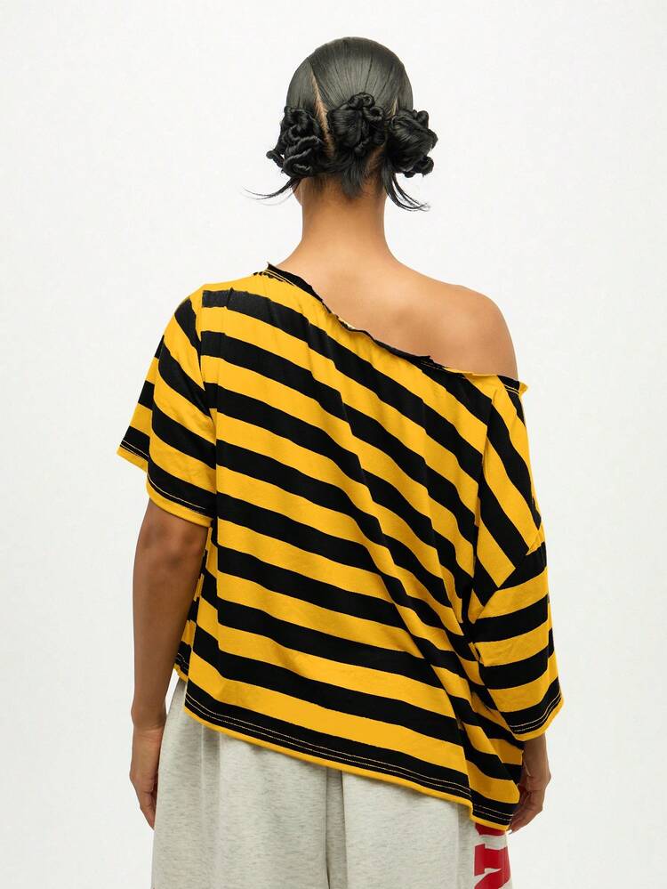 SUMWON Plus Size Off Shoulder Striped T-Shirt With Asymmetric Hem And Knotted Detail For Casual Summer Wear