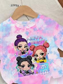 两件套少女休闲韩系卡通扎染图案短袖针织T恤和配套扎染短裤套装，少女日常假日休闲舒适针织套装，夏季运动时尚套装 - 彩色 - 查看 6