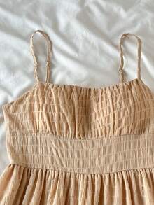 SHEIN 少女夏季休闲度假纯色荷叶边下摆无袖吊带连衣裙，适合夏季约会之夜、海滩度假、女孩外出、夏季海滩度假装扮、太阳裙 - 杏色 - 查看 3
