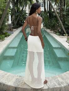 Opulessa Đầm dệt kim khoét lỗ dành cho nữ, thích hợp cho kỳ nghỉ xuân/hè. - Màu be - Xem 2