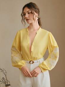 Anewsta Women's Embroidered Blouse, Fresh And Elegant , Delicate Embroidery, V-Neck Lantern Sleeve, Loose And Slimming Long Sleeve Top - Yellow - View 4