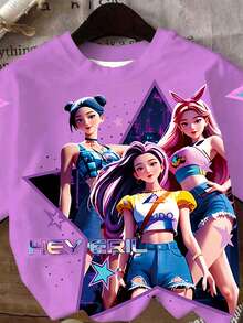 1件可爱韩流女孩印花宽松粉色短袖上衣，适合春、夏、秋、冬四季穿着，情人节送给女孩的绝佳礼物 - 淡紫色 - 查看 6