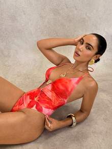 Swim Glamine Áo tắm liền thân gợi cảm kiểu Bohemian dành cho nữ, họa tiết hoa dâm bụt, cổ yếm. - trái cam - Xem 8