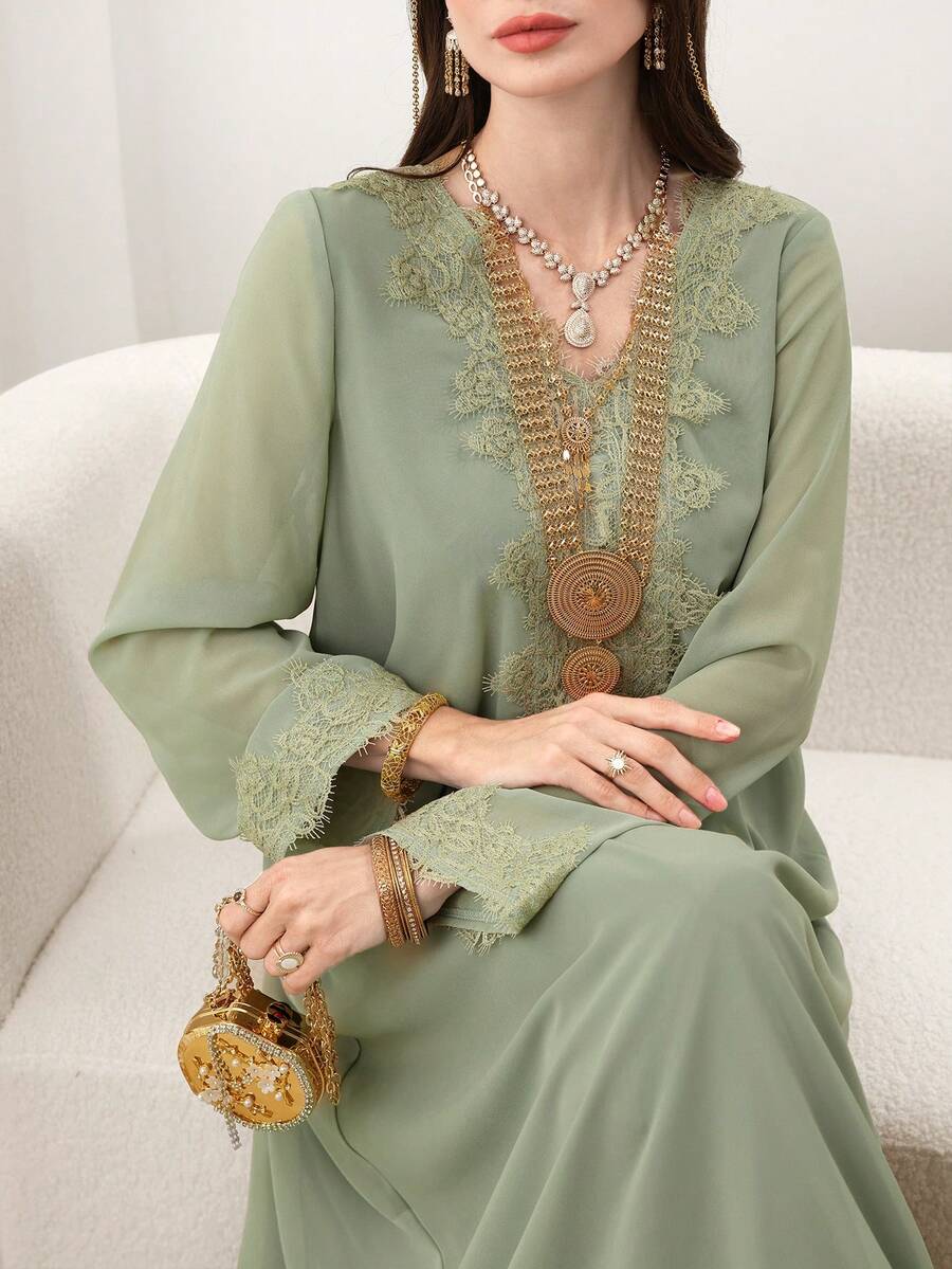 Al Najma 女士休闲纯色雪纺V领长袖宽松连衣裙，春秋季款
