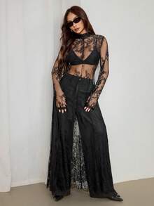 SHEIN PETITE 2025款，适合5-15℃，可叠穿，现代都市风格，黑色蕾丝面料，收腰修身剪裁，女士长裙，优雅百搭，适合日常穿着，新款春夏/夏季派对连衣裙 - 黑色 - 查看 5